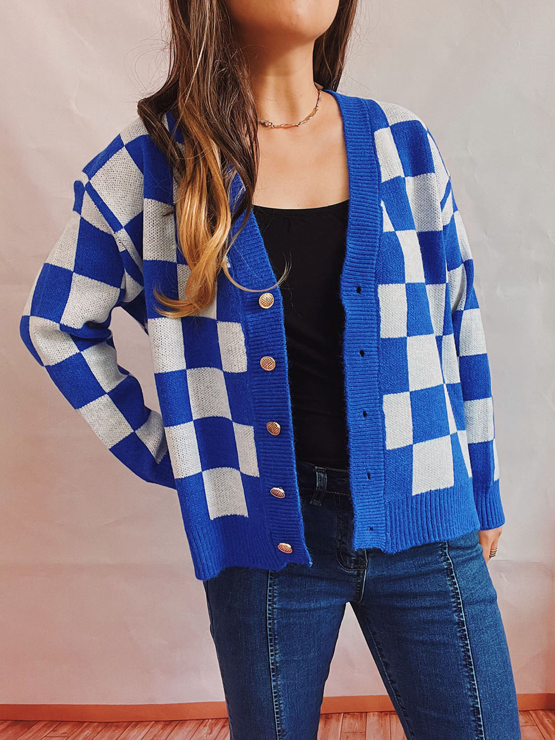 Checkered Open Front Button Up Cardigan