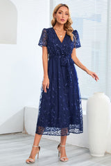 Sequin Leaf Embroidery Tie Front Short Sleeve Dress