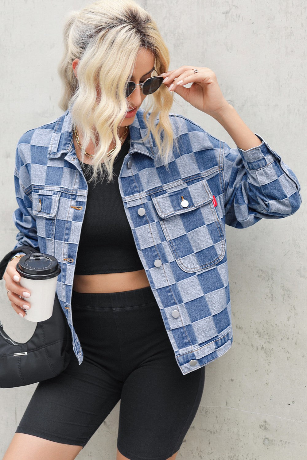 Checkered Button Up Long Sleeve Denim Jacket