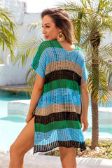 Angel Wings Openwork Striped V-Neck Short Sleeve Cover Up