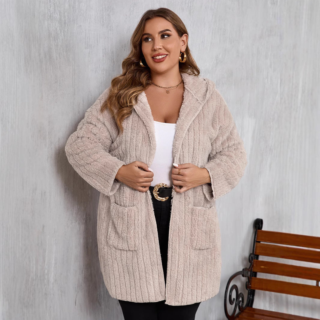 Plus Size Open Front Long Sleeve Hooded Fuzzy Jacket