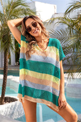 Angel Wings Openwork Striped V-Neck Short Sleeve Cover Up