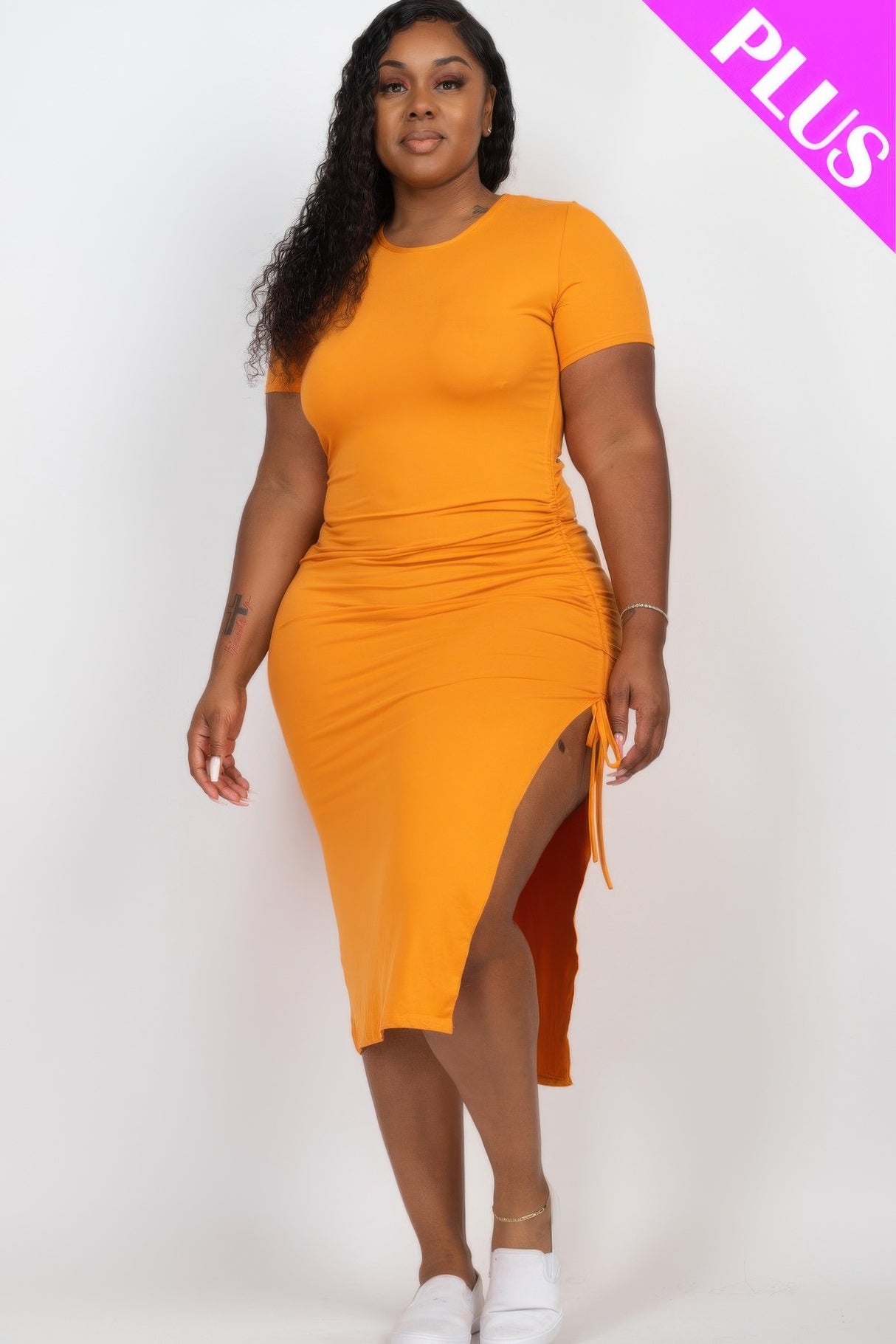 Plus Size Drawstring Ruched Side Split Hem Midi Dress