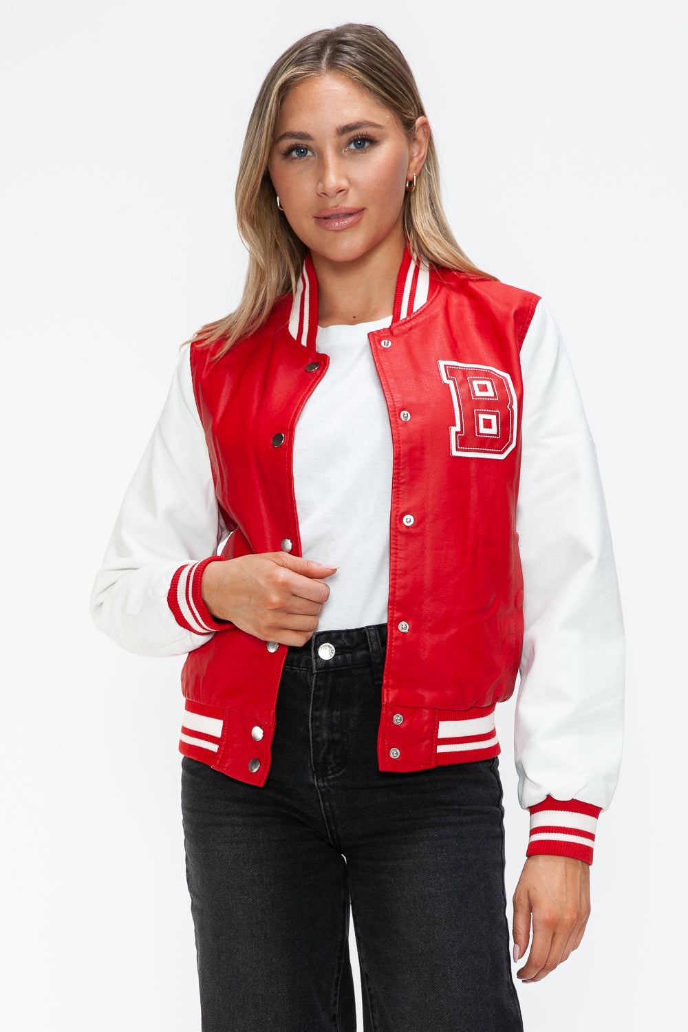 Love Me Now PU Leather Contrast Snap Down Bomber Jacket