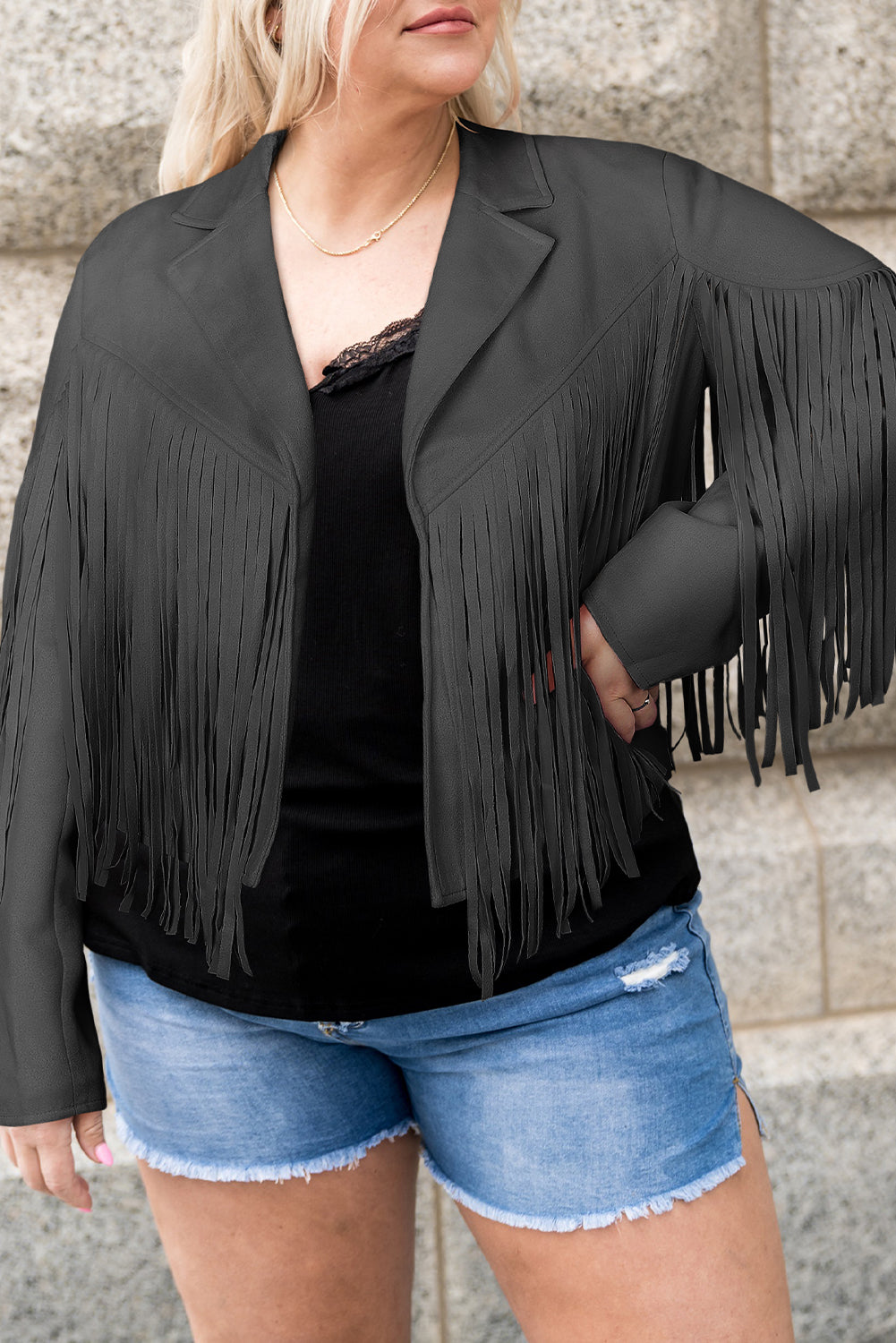 Plus Size Fringe Open Front Jacket