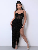 Sequin Spliced Mesh Adjustable Strap Dress